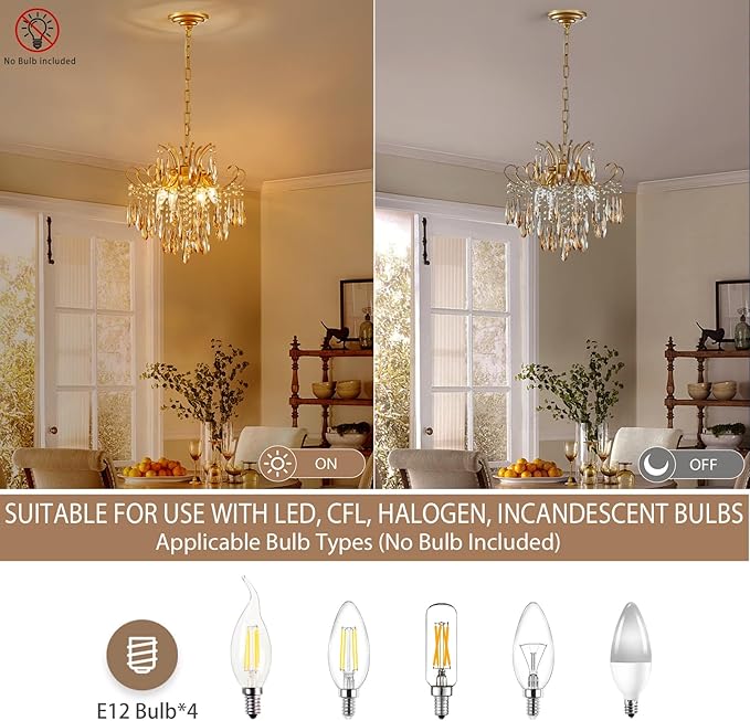 Gold Crystal Chandeliers for Dining Room 4-Light Modern Luxury Light Fixture for Living Room Bedroom Pendant Ceiling Hanging Light, Mid Century