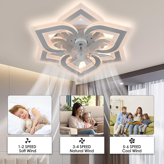 Ceiling Fan with Lights Low Profile Ceiling Fan with Lights Dimmable LED Fandelier 6 Speeds 3 Color White Fan for Bedroom Kids Room Living Room