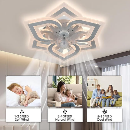 Ceiling Fan with Lights Low Profile Ceiling Fan with Lights Dimmable LED Fandelier 6 Speeds 3 Color White Fan for Bedroom Kids Room Living Room