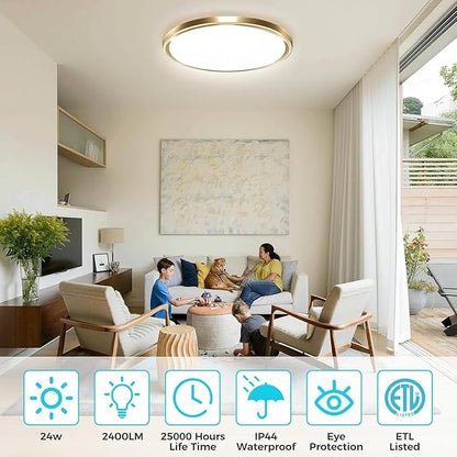 zemty LED Ceiling Light Fixture, 6.5-Inch 12W 1200lm Small Flush Mount Light, Adjustable 3000K 4000K 6500K Color Temperatures, Round Flat Recessed Lamp for Kitchen Closet Hallway Laundry, Gold
