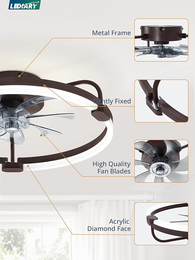 LEDIARY Ceiling Fans with Lights and Remote, 20'' Low Profile Ceiling Fan with Light, 3000-6000K Dimmable Fandelier LED Fan Light, 6 Wind Speeds, Brown Modern Flush Mount Ceiling Fan for Bedroom