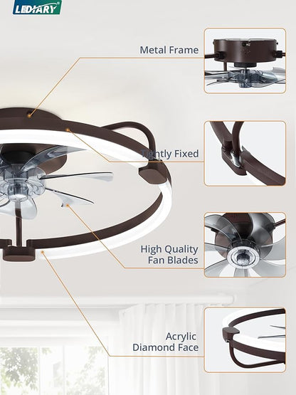 LEDIARY Ceiling Fans with Lights and Remote, 20'' Low Profile Ceiling Fan with Light, 3000-6000K Dimmable Fandelier LED Fan Light, 6 Wind Speeds, Brown Modern Flush Mount Ceiling Fan for Bedroom