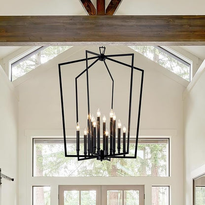 Vezzio 12-Light Large Black Chandelier, D30 Inch Modern Industrial Farmhouse Lantern Pendant Light for High Ceiling Entryway, Foyer, Dining Room，Kitchen Island，Hallway，Staircase