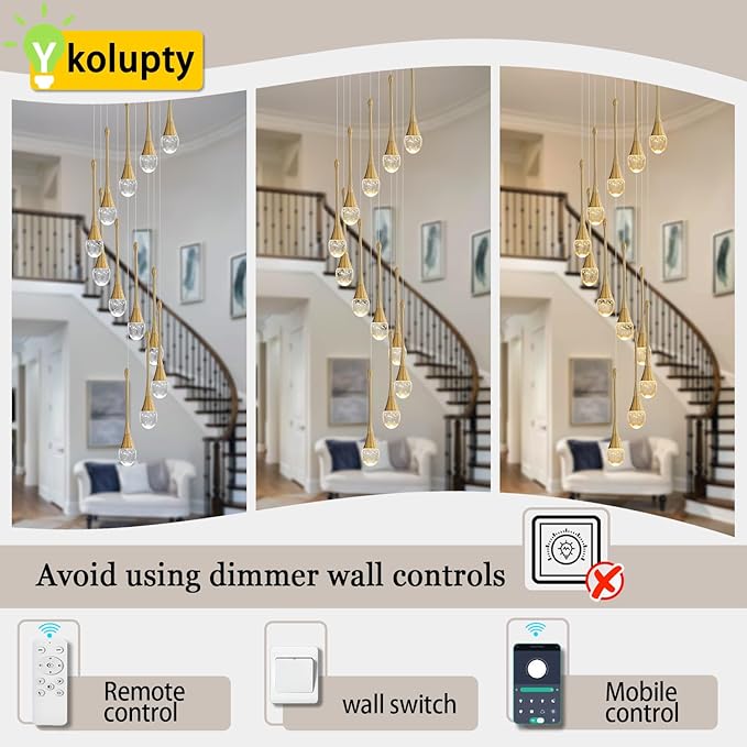 ykolupty 12-Lights Staircase Chandelier Gold Pendant Light Fixture for Sloped High Ceiling Raindrop Chandelier for Living Room Foyer Hallway Villa