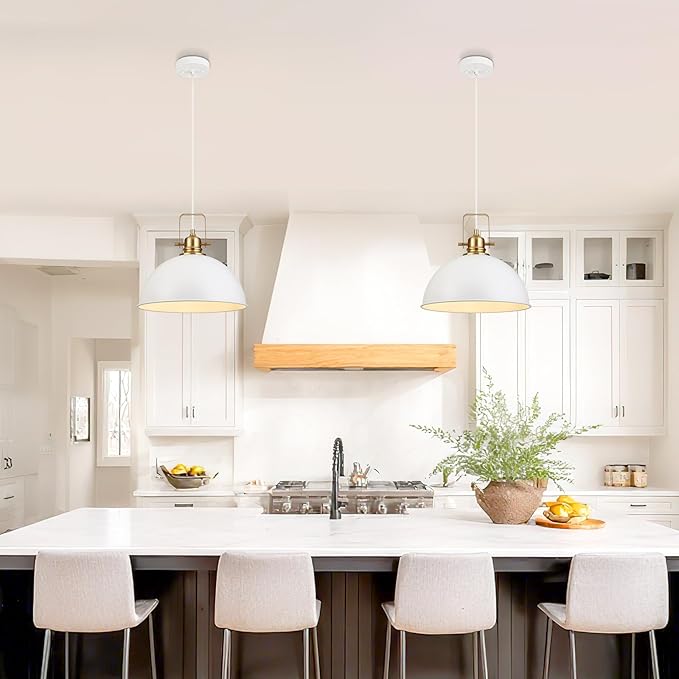 Farmhouse Pendant Light, 13.8" White Pendant Light Kitchen Island with Adjustable Cord, Vintage Dome Hanging Lights for Dining Room Cafe Bar Hallway Worktops, M, 2 Pack