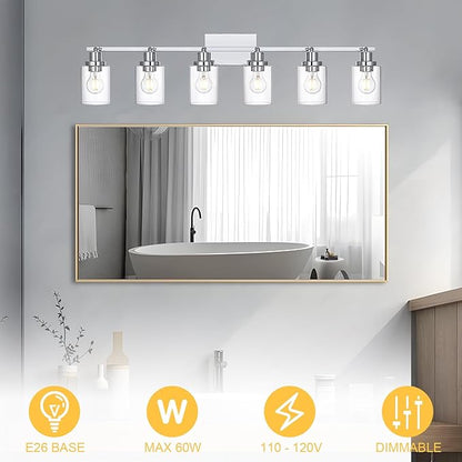 6-Light Track Lighting Kit Ceiling Kitchen Track Lighting Fixtures Chrome Bathroom Vanity Wall Lights with Clear Glass Multi-Directional Rotating Tracking Light Heads Spotlight for Accent Shop