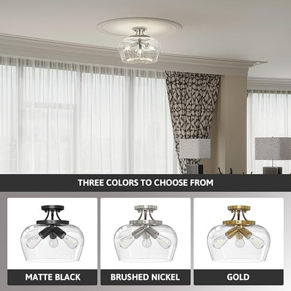 VONLUCE Semi Flush Mount Ceiling Light, 13.8" Ceiling Light Fixture with Clear Glass Shade, E26 Base, 3-Bulb Industrial Lighting Fixture for Hallway Entryway Bedroom, Brushed Nickel, ETL Certificated