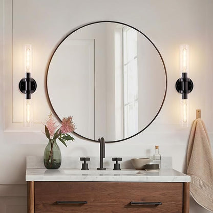 SANTOSTOCK Black Sconces Wall Lighting, Bathroom 2-Light Vanity Light W/Clear Glass Shade, Modern Wall Mounted Lights for Mirror, Makeup Vanity, Kitchen, Washroom, Hallway, E26 T10 Bulbs(Excluded)