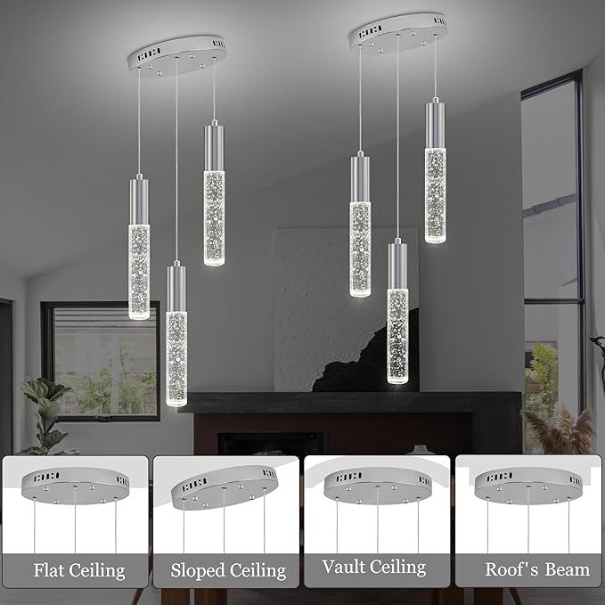 Modern Crystal Chandelier for Kitchen Island 3-Lights, Elegant Chrome LED Bubble Pendant Lighting Fixture for Dining Room Bedroom Entryway
