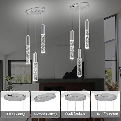 Modern Crystal Chandelier for Kitchen Island 3-Lights, Elegant Chrome LED Bubble Pendant Lighting Fixture for Dining Room Bedroom Entryway