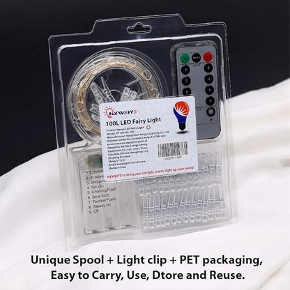 HXWEIYE Warm White Photo Clips String Light, Timer & 8 Modes, 33Ft 100LEDs Battery Powered Fairy Light with 52 Clear Clips & 12 Hooks on Wall for Hanging Picture,Bedroom Party