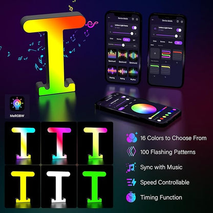 Light Up Letters Marquee Letter - Music Sync RGB Color Changing LED Lights Letter Logo Game Lights for Girls Women Party Birthday Christmas Valentine's Day Wall Desktop Decoration (MRGB-T)