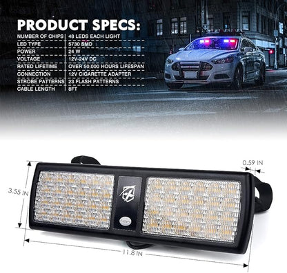 Xprite Red/Blue 2-in-1 Visor Strobe Lights Interior Windshield Emergency Warning Lights for Police Firefighter Construction Vehicles Trucks