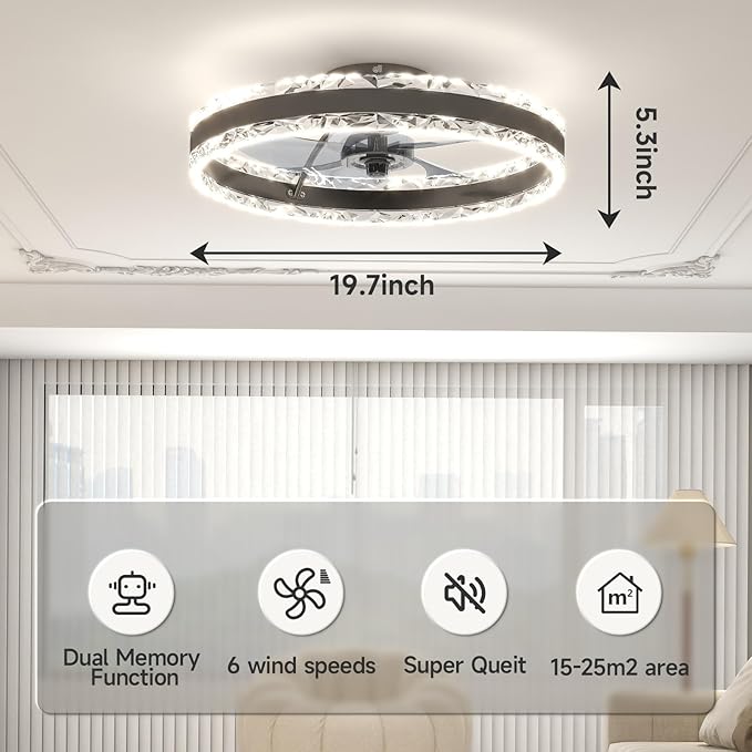 VOLISUN Low Profile Ceiling Fans with Light and Remote, 19.7in Fandelier Ceiling Fan with Light, 3000K-6500K Dimmable Flush Mount LED Ceiling Fan Light, Black Modern Ceiling Fan Light for Bedroom