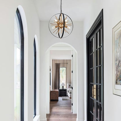 17.7" Black Gold Globe Sputnik Chandelier, 8-light Mid Century Modern Industrial Starburst Golden Satellite Pendant Light Fixture for Entryway Stairway Kitchen Dining Living Room Hallway, E12