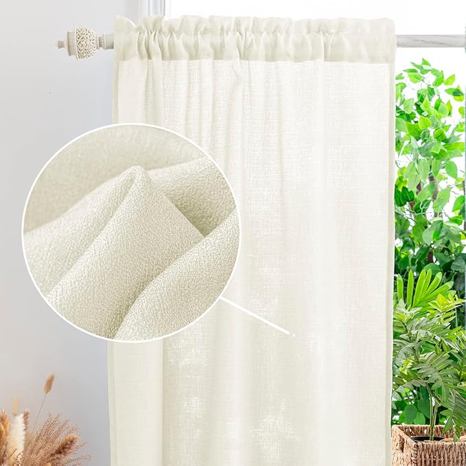 Yancorp Beige Linen Textured Short Curtains - Farmhouse Cafe Style, 24" W x 24" L, Small Windows for Bathroom, Laundry Room