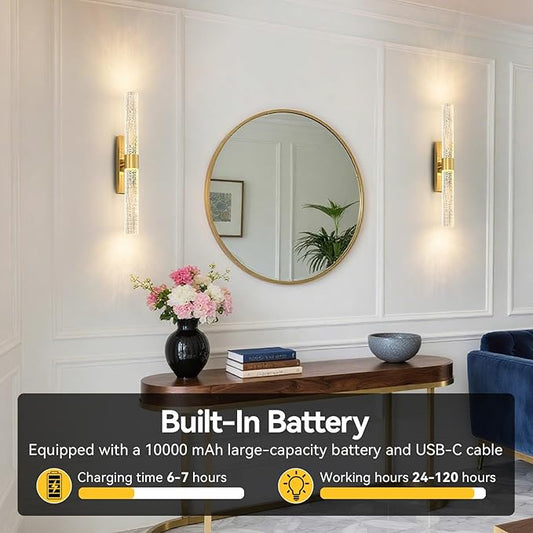 Battery Operated Wall Sconces, Dimmable Wireless Wall Light with Remote, 10000mAh Gold Rechargeable Wall Lamp for Bedroom, Living Room, and Hallway Decor, 15.7- Inch