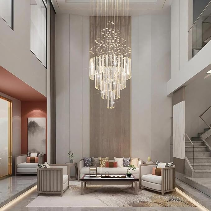 6-Light Flush Mount High Ceiling Chandelier, Modern Raindrop Crystal Chandeliers Pendant Light Foyer Chandelier Ceiling Led15.7 x 47.2 of CRYSTOP