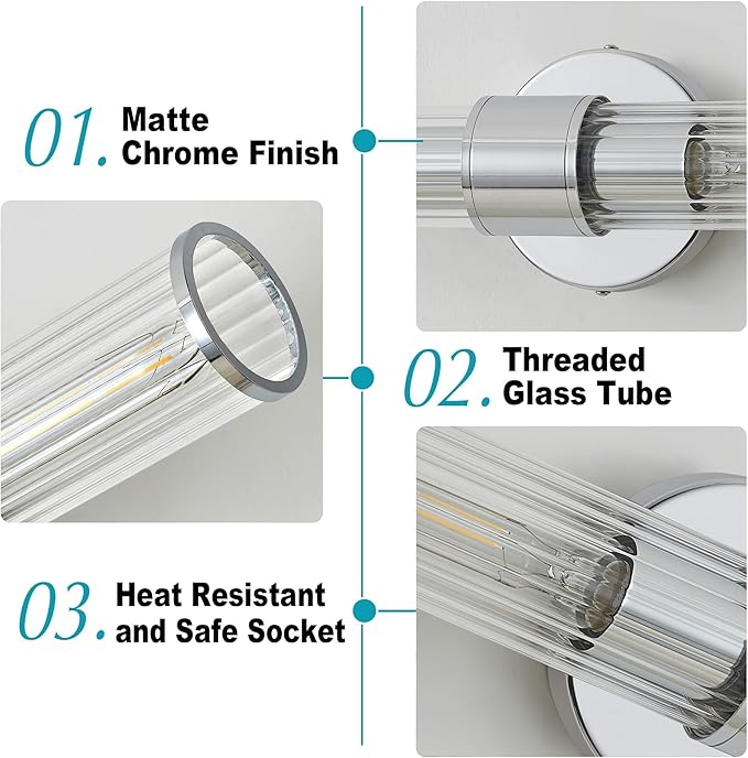 Chrome Bathroom Vanity Light, Wall Sconce Threaded Glass 1 Pack, Modern Wall Light for Bathroom, Living Room, Hallway, Kitchen - UL Certification (Bulb Not Included)