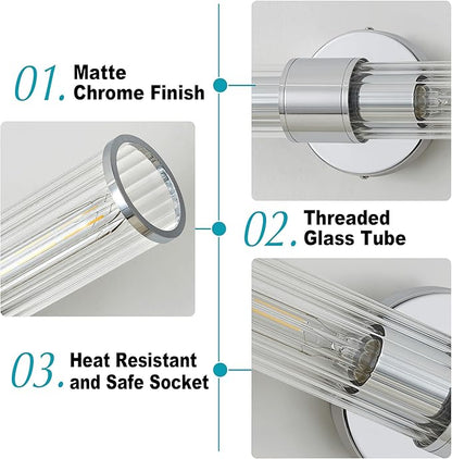 Chrome Bathroom Vanity Light, Wall Sconce Threaded Glass 1 Pack, Modern Wall Light for Bathroom, Living Room, Hallway, Kitchen - UL Certification (Bulb Not Included)