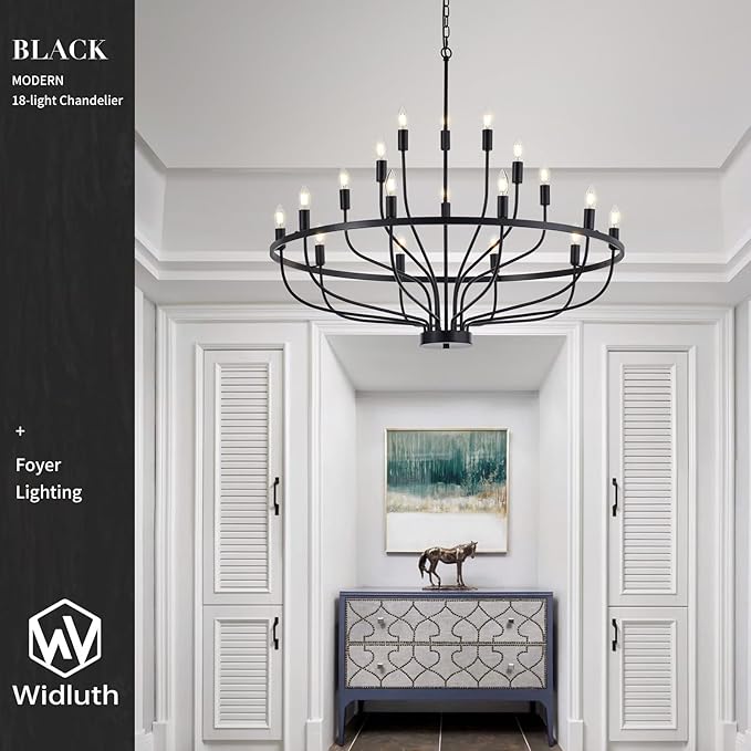 39.4“ Industrial Black Chandelier Rustic Vintage 18-Lights Candle Style Chandeliers Light Fixture Large Retro Black Chandelier for Dining Room, Kitchen Island, Living Room, E12