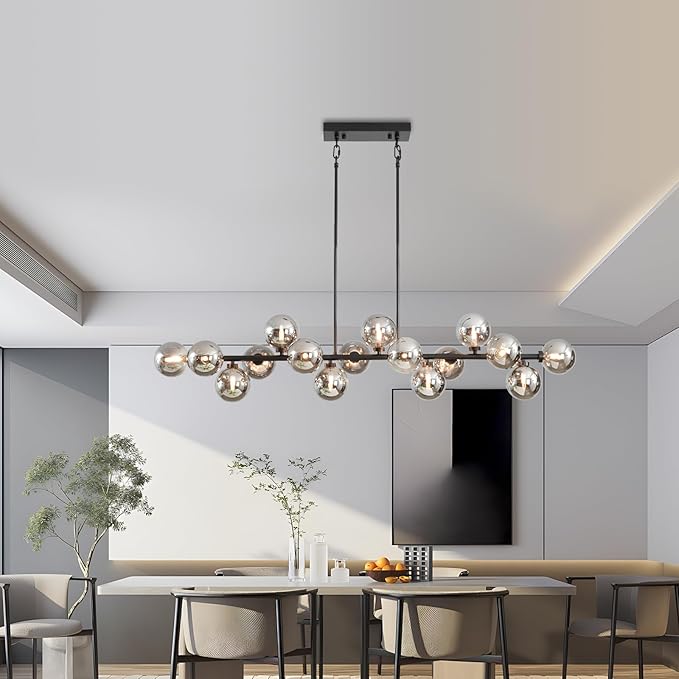 Black Large Linear Sputnik Chandelier, 55" Mid Century Modern Chandelier with 16 Grey Glass Lampshades, Big Modern Globe Chandeliers for High Ceiling Dining Room Kitchen Island - Black