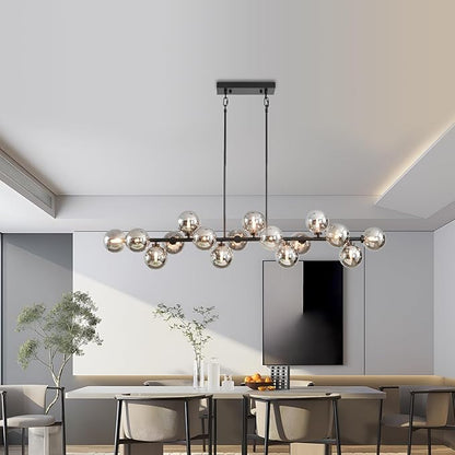 Black Large Linear Sputnik Chandelier, 55" Mid Century Modern Chandelier with 16 Grey Glass Lampshades, Big Modern Globe Chandeliers for High Ceiling Dining Room Kitchen Island - Black