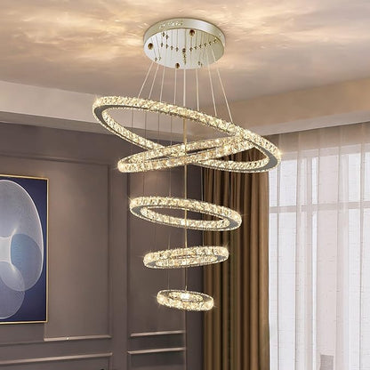 Modern Crystal Chandeliers for High Ceilings, 5 Rings Modern Led Chandelier Light Fixture 3 Colors Adjustable, Gold Chandelier for Foyer Dining Room Bedroom Living Room Staircase, D8"-12"-16"-20"-24"