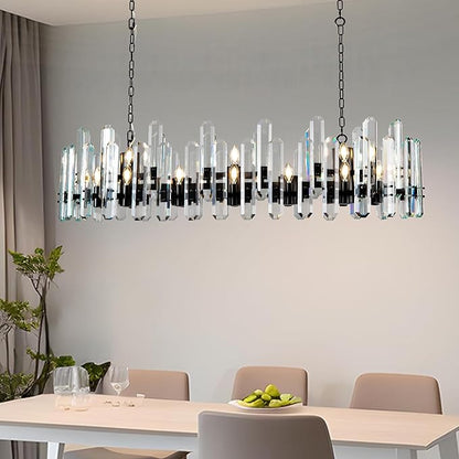 54" Black Rectangular Chandelier, 24-Light Modern Crystal Chandelier for Dining Room, Kitchen Island, Living Room, Luxury K9 Crystal Adjustable Chain Chandelier Light Fixture