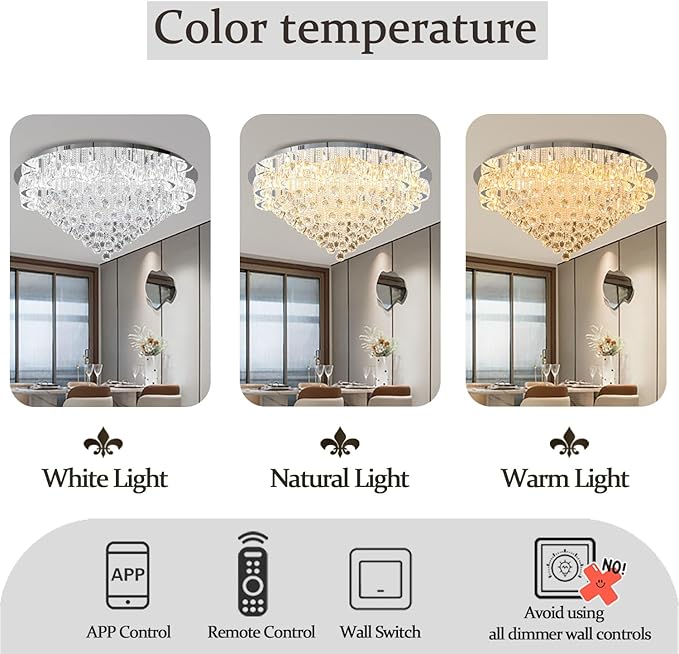 Flashing God W40inches Modern Chandeliers for Living Room LED Crystal Chandelier Light Fixtures Flush Mount Chandeliers Ceiling Chandelier for Bedroom Foyer Hallway Dining Room