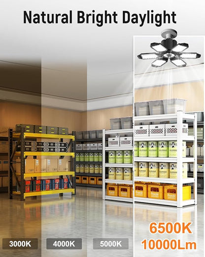 Adiding LED Garage Ceiling Light -10000Lm Deformable Ultra Bright Screw in LED Basement Lights 6500K 6 Adjustable Panels Shop Light fit for E26 E27 Bulb Socket for Workshop Storage Attic Utility Bay