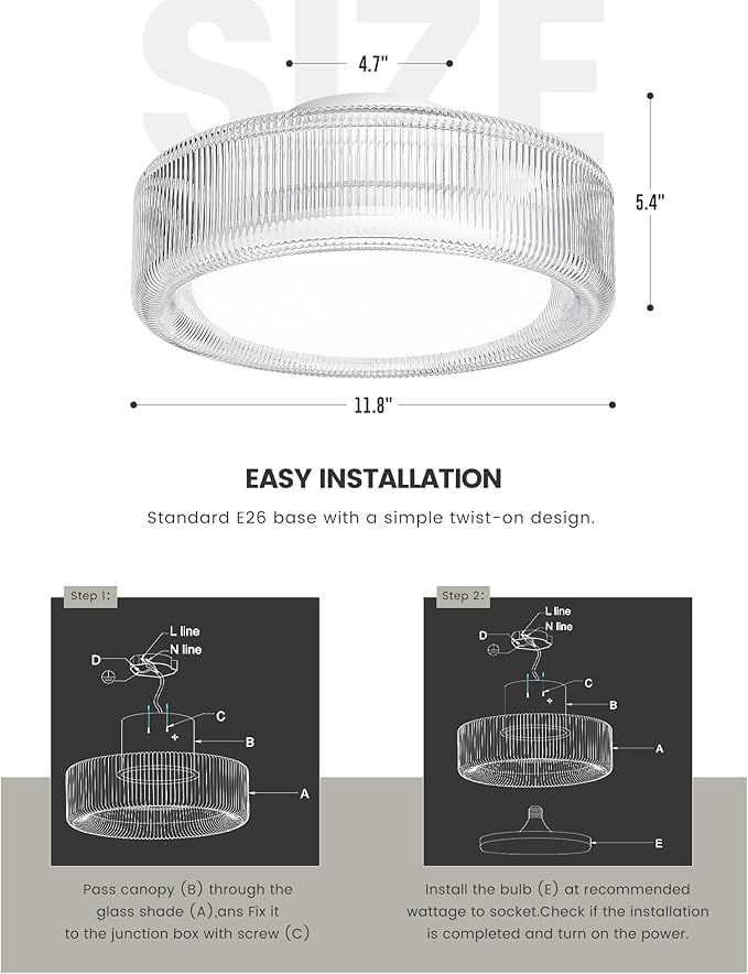 FEMILA LED Ceiling Light Fixture, 12" Flush Mount Ceiling Light with Ribbed Glass, for Kitchen, Hallway, Bedroom, 6500K Daylight White, 4FSE104F WH