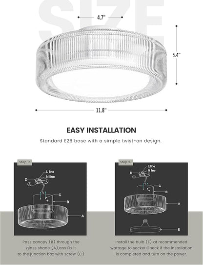 FEMILA LED Ceiling Light Fixture, 12" Flush Mount Ceiling Light with Ribbed Glass, for Kitchen, Hallway, Bedroom, 6500K Daylight White, 4FSE104F WH