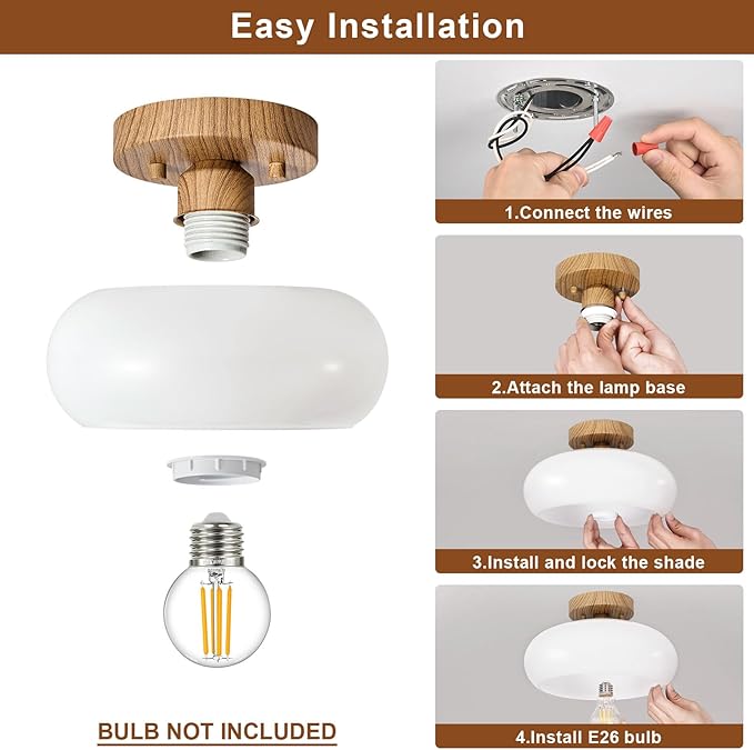 WOKNOS Mid-Century Modern Semi Flush Mount Ceiling Light, Faux Wood Kitchen Ceiling Light Fixture with Glass Shade, Vintage White Close to Ceiling Lamp for Entryway Hallway Bathroom (8.66 Inch)