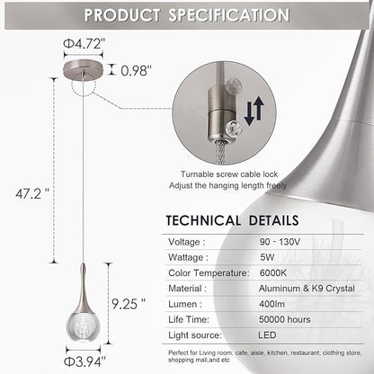 Nickel Teardrop Pedant Light Modern Dimmable 1-Light LED Crystal Globe Pendant Lighting Fixture for Kitchen Island Dining Room Bathroom Hallway 6000K Cool White