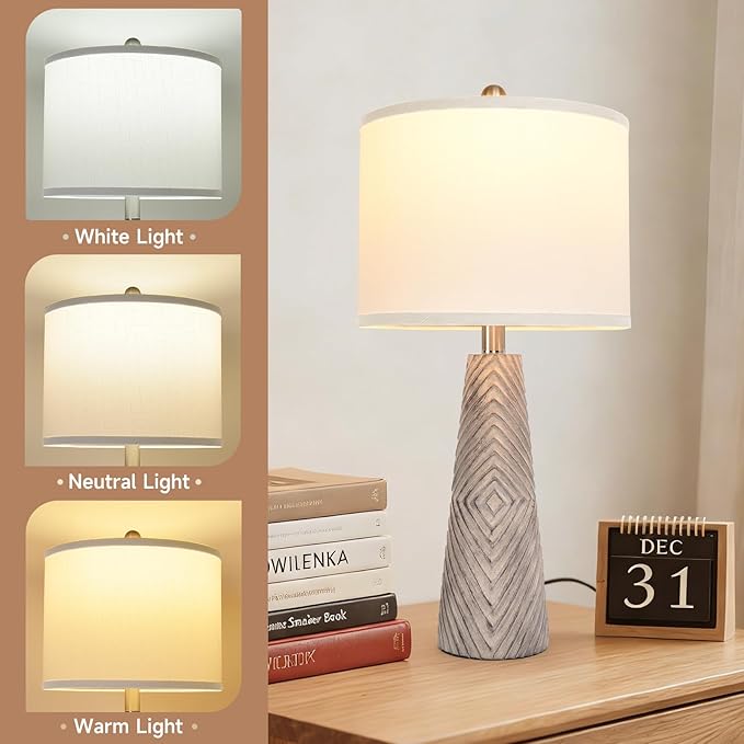 Terpsichore Nightstand Lamp Bedside Lamps Set of 2 Vintage Rustic Farmhouse Table Lamp 3 Way Dimmable Horizontal Stripe Light,for Living Room Bedroom,USB A+C (Gray, Hing 24 in)