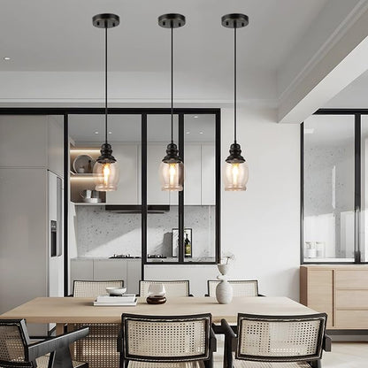 WILON Pendant Lights for Kitchen Island, Seeded Glass Mini Pendant Light Fixtures Farmhouse Pendant Lighting Metal Black Pendant Light Over Kitchen Island Sink Dining Table