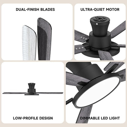 Ceiling Fans with Lights,52 inch,Quiet,Reversible Motor,Dimmable, Adjustable Color Temperature,6 Speeds,Timer, Low Profile Ceiling Fan for Bedroom,Living Room,Indoor/Outdoor Use(Gray)