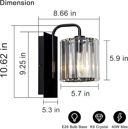 Grneric Crystal Wall Sconces,Black Sconce Wall Light Fixtures Modern Sconces Wall Lighting Single Indoor Wall Sconce for Living Room Bathroom Hallway Stairway Bedroom 10 Inch