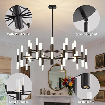 Black Modern Chandelier 40-Light, Large Farmhouse Round Candle Chandeliers with Acrylic Shades, 38.6" Dining Room Light Fixture for High Ceilings, Living Room, Foyer, Entryway, G9 Base
