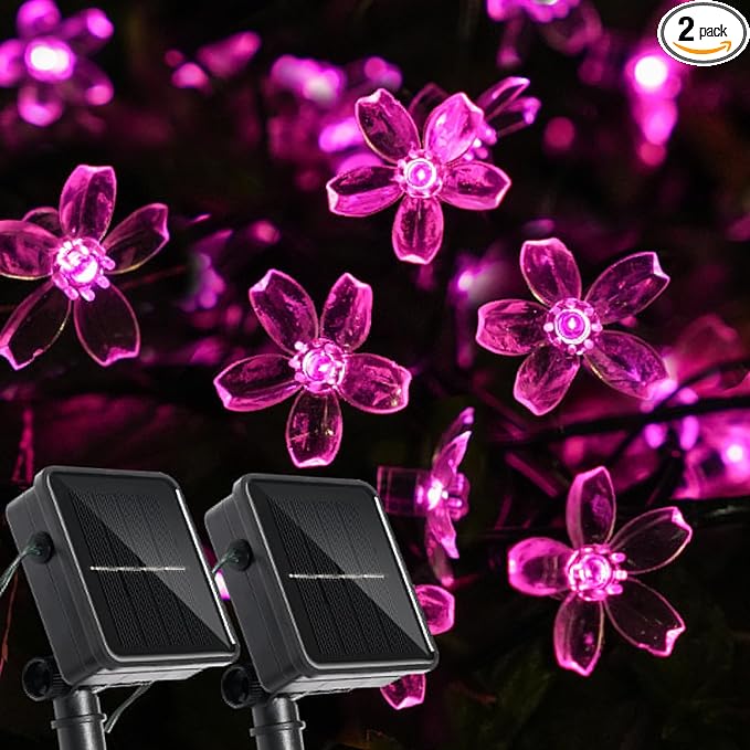 2 Pack Total 52FT 120 LED Solar String Lights Outdoor Waterproof Flower Fairy Lights for Garden Fence Patio Yard Christmas Tree Lawn Wedding Party Decor, Pink