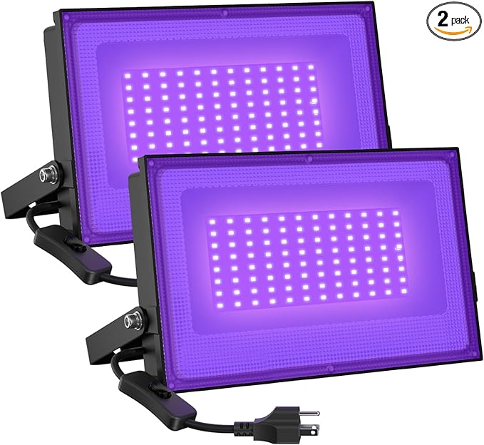 Onforu 2 Pack 60W LED Black Lights, Blacklight Flood Light with Plug, IP66 Waterproof Black Lights for Dance Party, Glow in The Dark, Halloween, Body Paint, Fluorescent Poster, Neon Glow