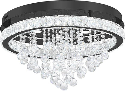 Dia 24" Modern Crystal Chandeliers for Dining Room,Black Raindrop Chandelier Flush Mount Chandeliers for Living Room Bedrooms Dining Room Dimmable 2700k 4500k 6000k
