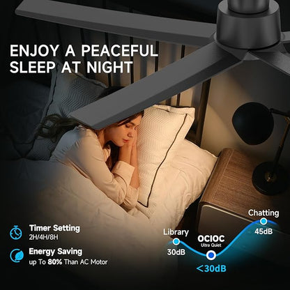 ocioc Smart Ceiling Fans with Lights,52 inch,Reversible Quiet DC Motor,Dimmable,Black Ceiling Fan Compatible with Alexa Google home Indoor/Outdoor