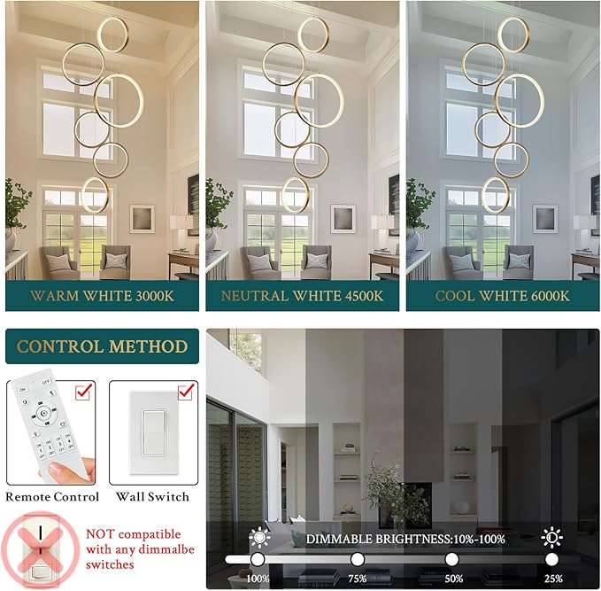 6 Rings Modern LED Chandelier for High Ceiling Dimmable Gold Contemporary Pendant Light Fixture Long Foyer Chandelier for Entryway Staircase Dining Room Living Room, 3000-6500K