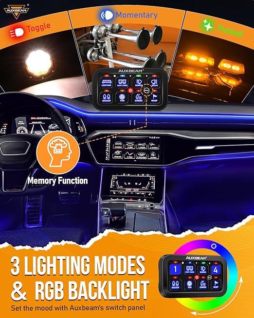 Auxbeam 8 Gang Switch Panel RA80 Auto-Dimmable RGB Switch Panel w/Momentary Toggle Pulsed, 12V-24V Automotive Aluminum Switch Panel for Truck Offroad Car Boat Waterproof, 3 Years Warranty