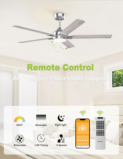 DAMINY 52 inch Nickel Ceiling Fans with Lights,5 Blades,6CCT, Low Profile,Remote Control,for Bedroom, Kitchen,Living Room,Indoor/Outdoor Use,Downrod