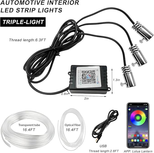 Interior Car LED Strip Lights with APP Control, 3 in 1 RGB Ambient Lighting Kit with 197 inches Fiber Optic, 16 Million Colors Neon Strip USB Music Sync Atmosphere LED for Vehicles