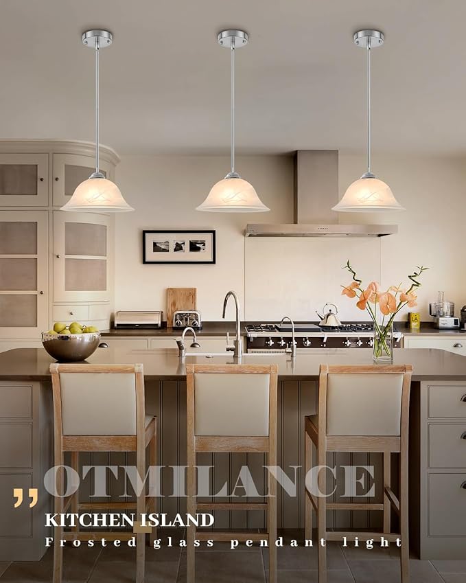 Chrome Pendant Lights Kitchen Island, 11.8” Glass Pendant Light Fixtures with Frosted, Hanging Kitchen Pendant Lights 2 Pack, Farmhouse Pendant Lighting for Kitchen, Dining Room, Bar (Rod)