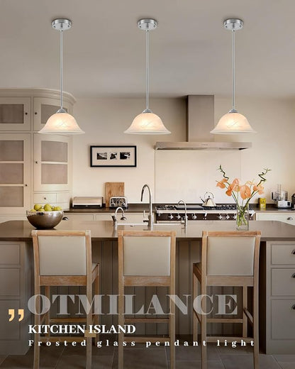 Chrome Pendant Lights Kitchen Island, 11.8” Glass Pendant Light Fixtures with Frosted, Hanging Kitchen Pendant Lights 2 Pack, Farmhouse Pendant Lighting for Kitchen, Dining Room, Bar (Rod)